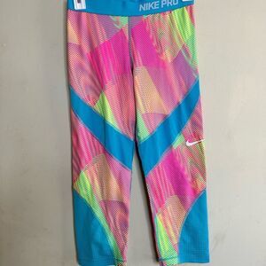 Nike Pro girls XL Capri Leggings Dri Fit Turquoise/Coral Print